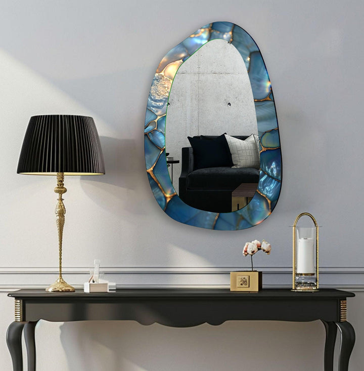 Blauer Mosaik-Marmor-Wandspiegel mit unregelmäßigem Glas