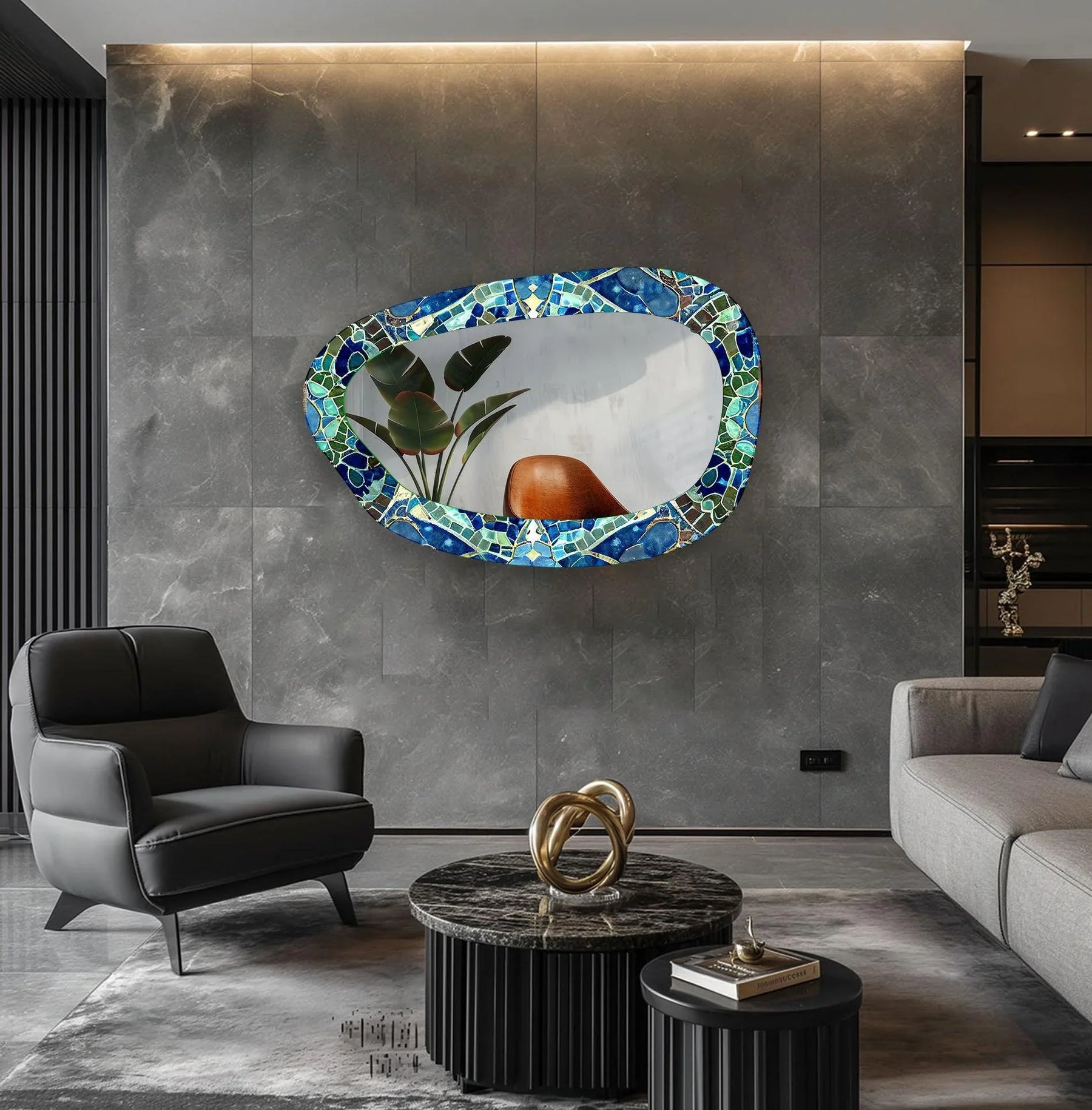 Reflecting vibrant room elements, this blue and green mosaic large glass wall mirror showcases a mesmerizing stained glass wall mirror effect, emphasizing the seamless transition between colors.