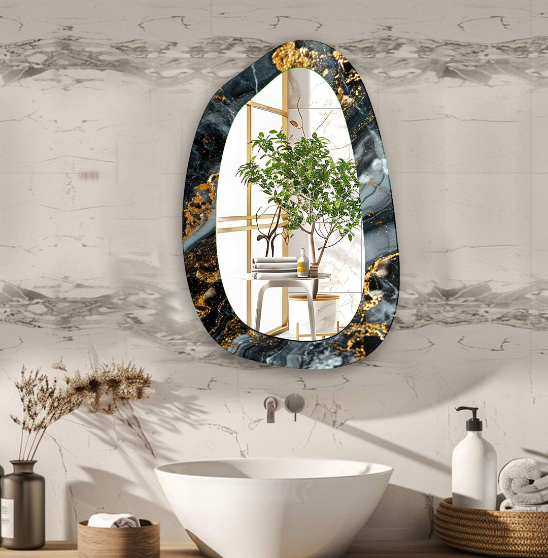 Badezimmer-Wandspiegel aus grauem und goldenem Marmor