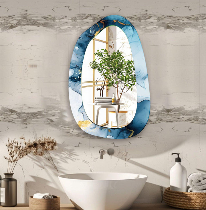Blauer Aquarell-Wandspiegel aus unregelmäßigem Glas