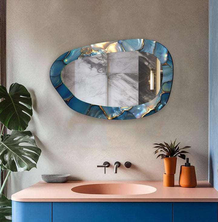 Blauer Mosaik-Marmor-Wandspiegel mit unregelmäßigem Glas