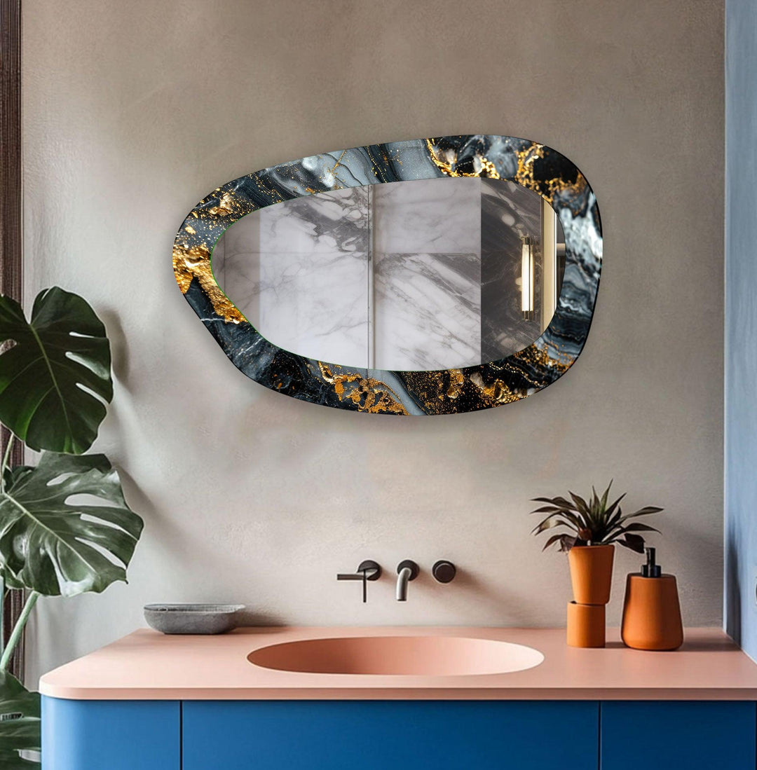 Badezimmer-Wandspiegel aus grauem und goldenem Marmor