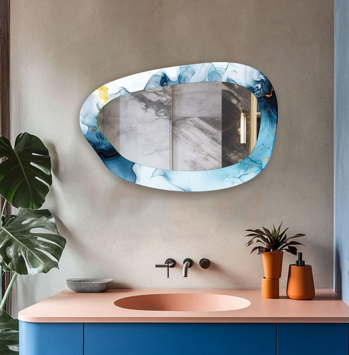 Blauer Aquarell-Wandspiegel aus unregelmäßigem Glas