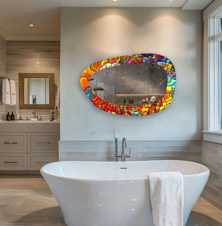Mirror wall art with abstract shapes and reflective surfaces for a modern artistic vibe
