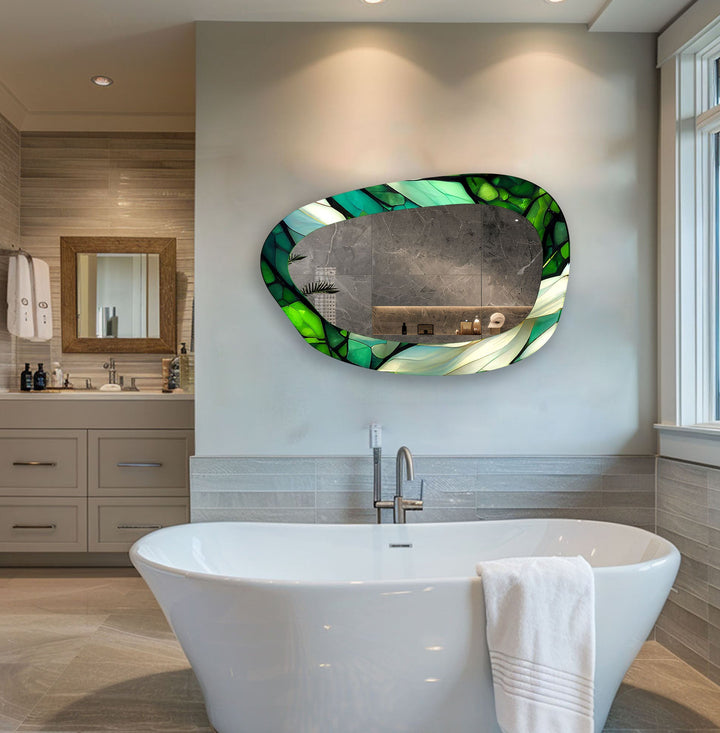 Mirror wall decor combining bold shapes and reflective surfaces to create a striking focal point
