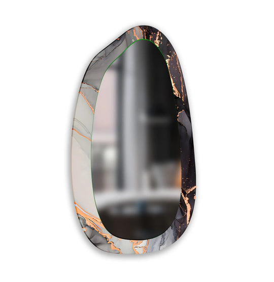This asymmetric wall mirror features a gray black white and copper abstract artistic design perfect for modern home decor