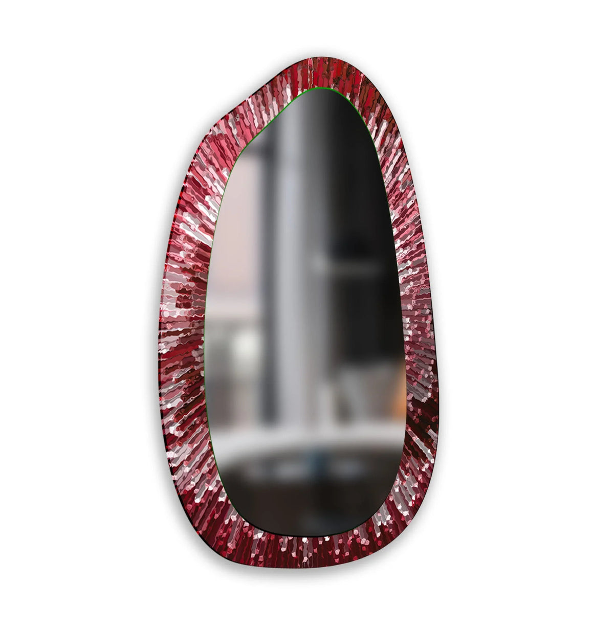 Layers of red and white create depth in this asymmetric decorating with wall mirrors, adding a modern touch to the abstract entryway glass wall mirror.