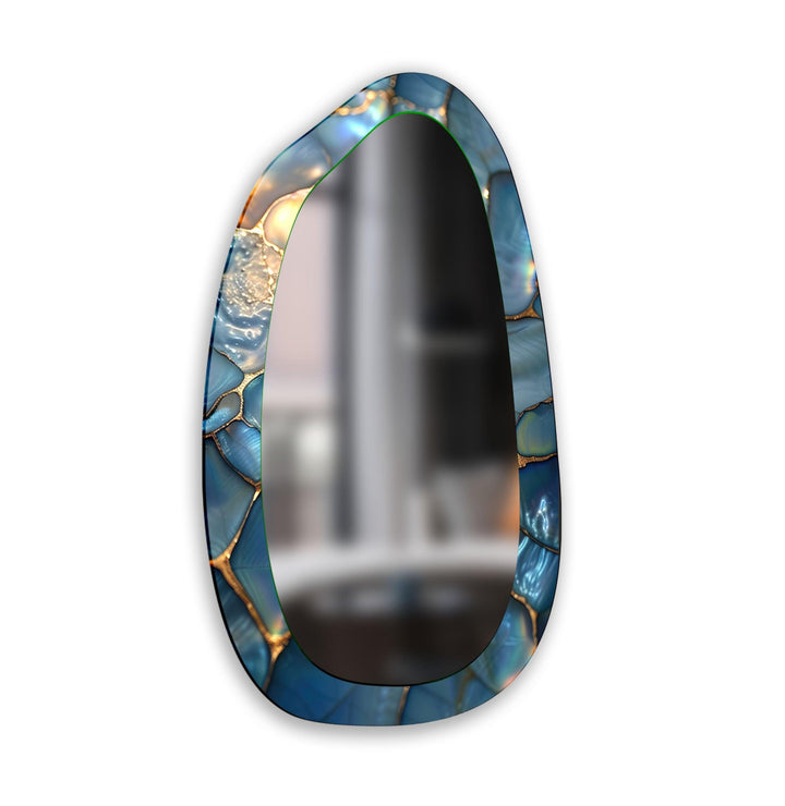 Blauer Mosaik-Marmor-Wandspiegel mit unregelmäßigem Glas