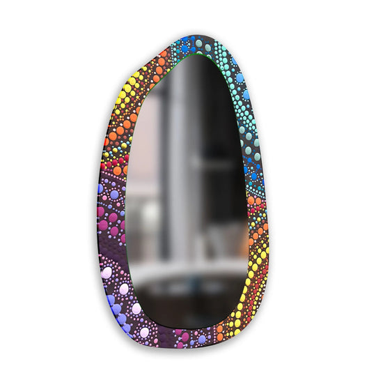 Vibrant color contrast defines this mosaic rainbow color print wall mirror for wall decor, showcasing an asymmetric design against a blurred background.