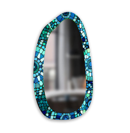 Featuring organic curves and a mosaic of blue and green hues, this large wall mirror is a striking decorative mirror that brings an artistic touch to any space.