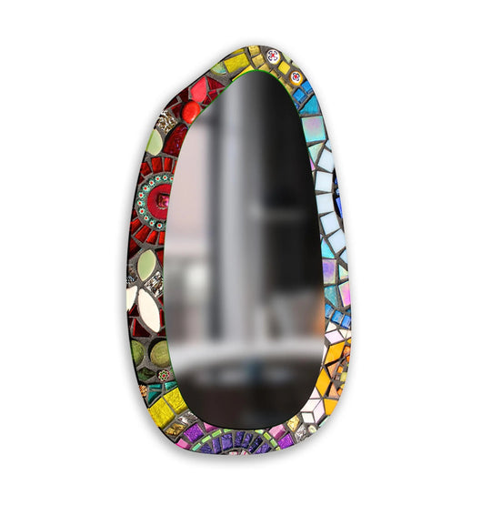 The darkest area of this irregular mosaic decorative wall mirror contrasts starkly with the colorful glass art painting mosaic.