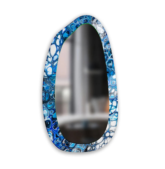 Striking color contrast between the cobalt blue marbling and crisp white swirls define this artistic stained glass wall mirror, creating a unique decorative glass wall art decor piece.