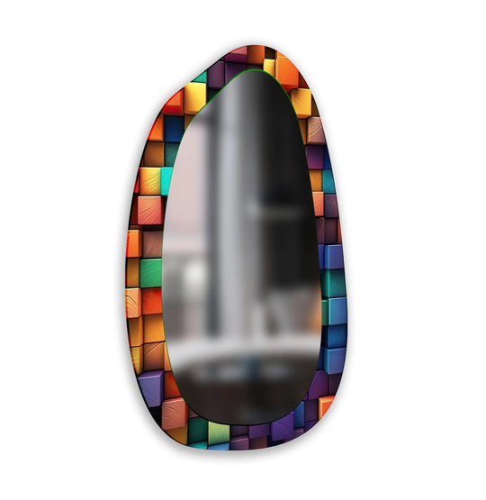 Soft, muted reflections fill this colorful cubes asymmetrical glass wall mirror, enhancing the geometric design and showcasing contemporary modern wall mirrors.