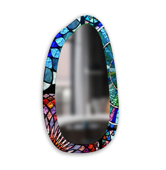 With cool blue mosaic accents transitioning to warm red and orange tones, the modern blue mosaic entryway wall mirror for wall decor offers a balanced color temperature.