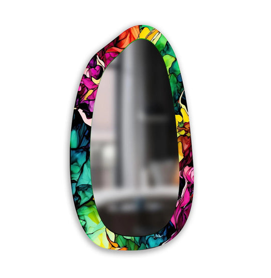 Textured surface of the vividly colored asymmetrical decorative mirror frame showcases an artistic blend of swirling hues.
