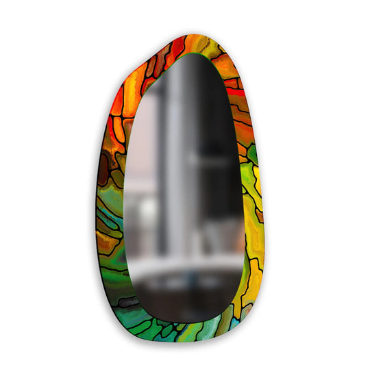 Highlighting the layering effect, this stained glass wall mirror showcases artistic depth with vibrant hues, crafting a bold statement for bathroom mirror decor.