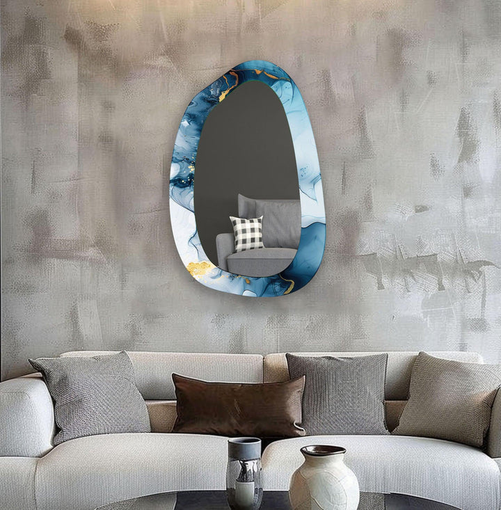 Blauer Aquarell-Wandspiegel aus unregelmäßigem Glas