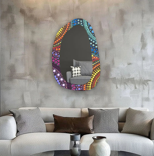 Organic forms highlight the mosaic rainbow color print on this asymmetric mirror for wall decor, adding a touch of nature-inspired artistry to any space.