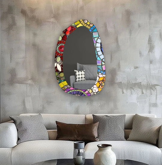 With cool blues and purples contrasting the warm reds and yellows, the irregular-shaped mosaic decorative mirror showcases a dynamic color temperature blend in this decorative mirror.