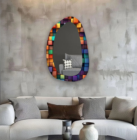 Reflecting the living room, the colorful cubes asymmetrical glass wall mirror becomes a stylish focal point and an attractive mirror for wall decor in home decoration.
