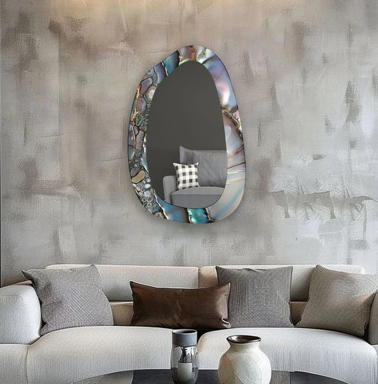 Asymmetric design defines this gray marbled irregular glass wall mirror, a piece showcasing geometric elements and serving as one of the most striking modern wall mirrors.