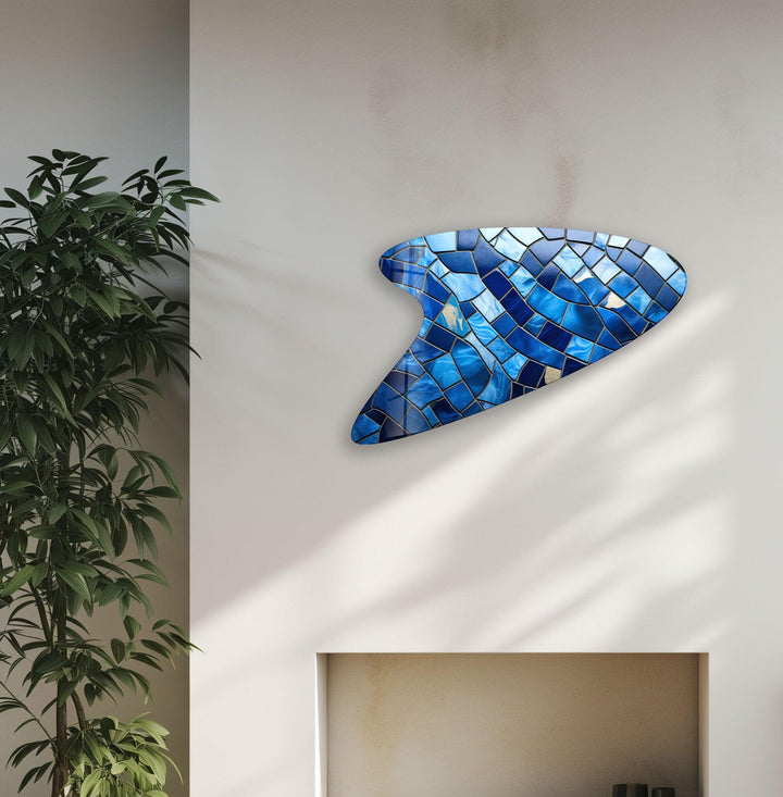 Blue Mosaic Tiles Irregular Glass Wall Art, glass art painting, glass art for the Wall
