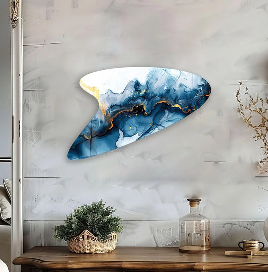 The stillness of this modern dark blue alcohol ink glass art brings a serene depth to your home decor.
