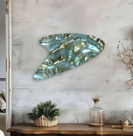 A close-up shows the iridescent texture of abstract glass art painting with swirling greens and blues.