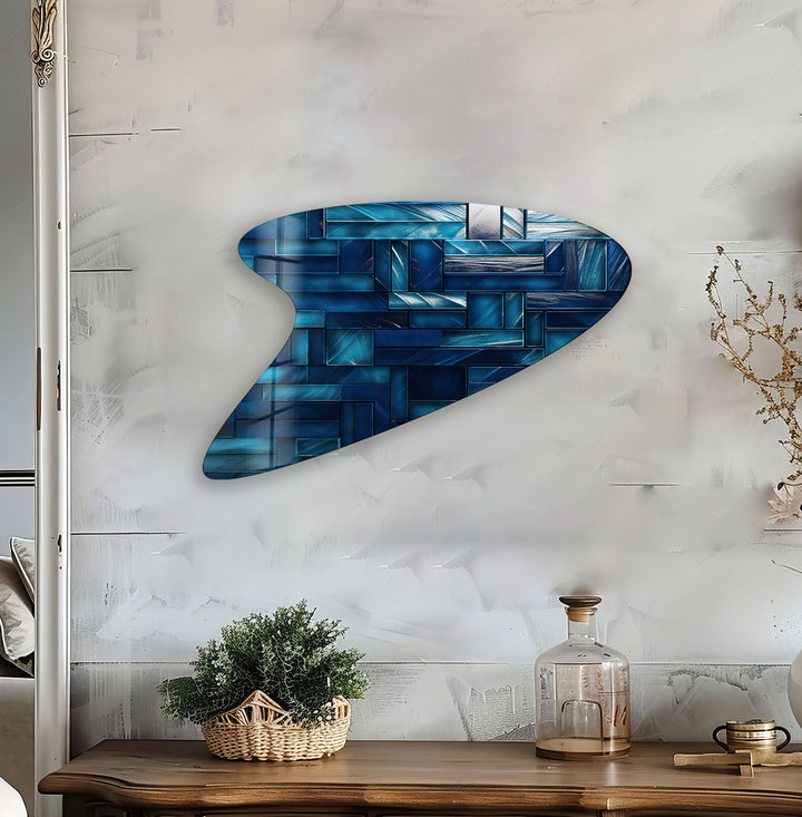 Blue Mosaic Tiles Glass Wall Art, glass pictures for Wall, glass prints wall art
