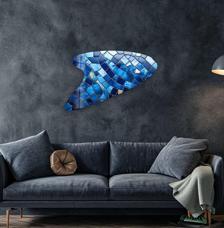 Blue Mosaic Tiles Irregular Glass Wall Art, Glass Printing Wall Art, Print photos on glass
