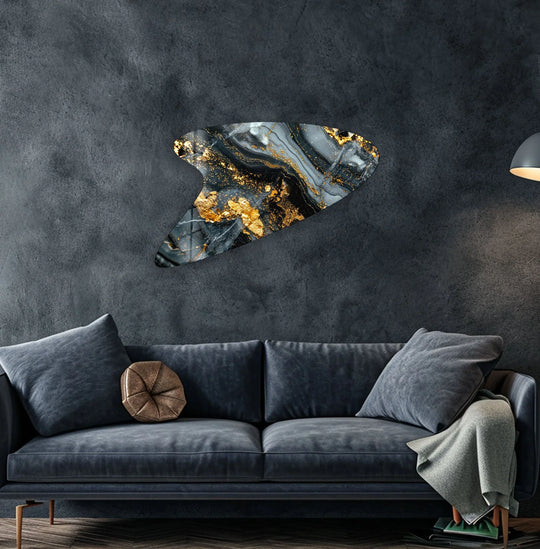 This striking abstract glass wall art features swirling gold and black marble layers, creating a sense of captivating depth in this print wall art.