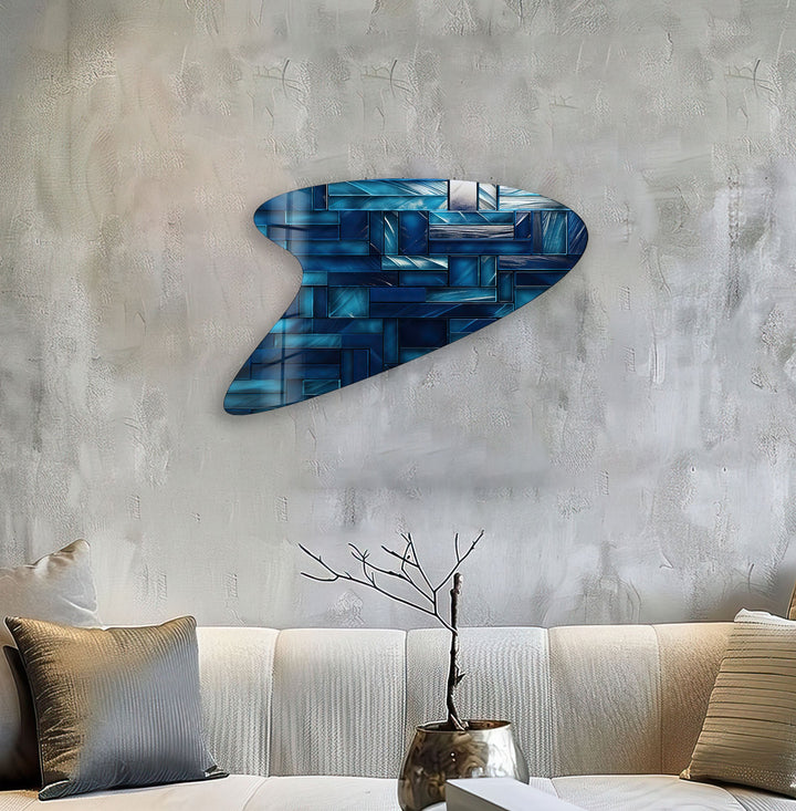 Blue Mosaic Tiles Glass Wall Art, Glass Printing Wall Art, Print photos on glass
