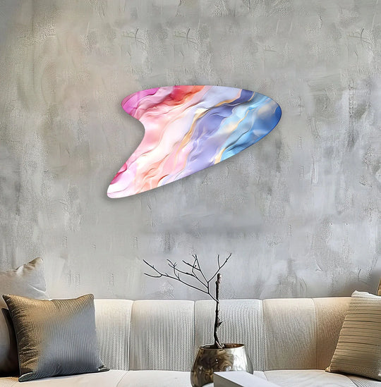 Abstract glass wall art features soft pinks and blues with gentle curves, a perfect home decor piece.