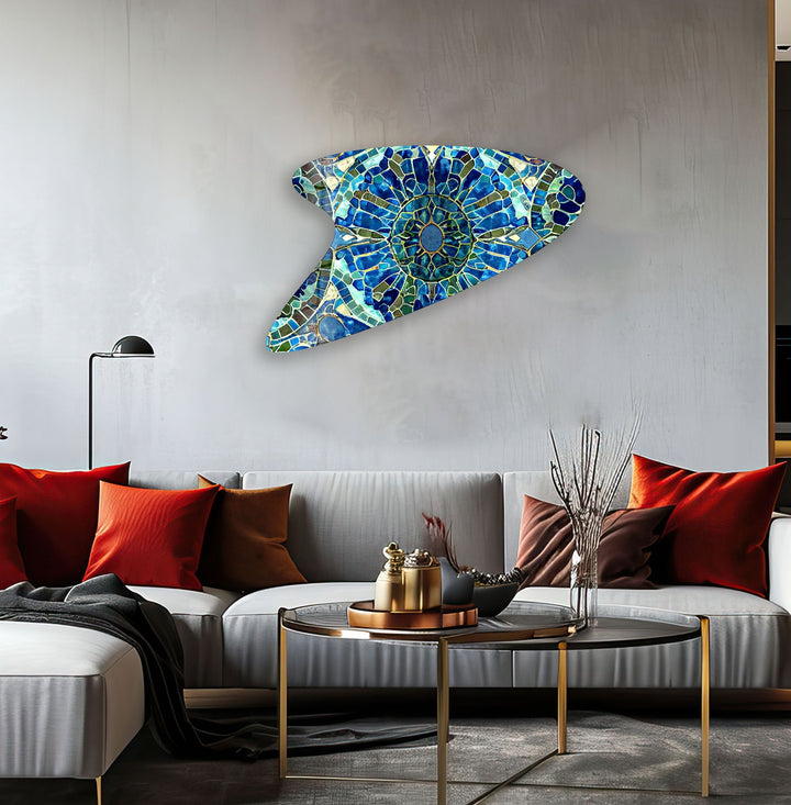 Modern Blue Mosaic Glass Wall Art, Glass Printing Wall Art, Print photos on glass
