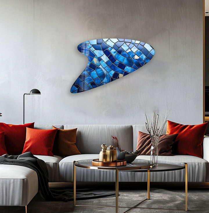 Blue Mosaic Tiles Irregular Glass Wall Art, glass pictures for Wall, glass prints wall art
