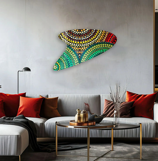 Abstract green mosaic decorative glass wall art centerpiece featuring vibrant dot patterns on a gray wall.