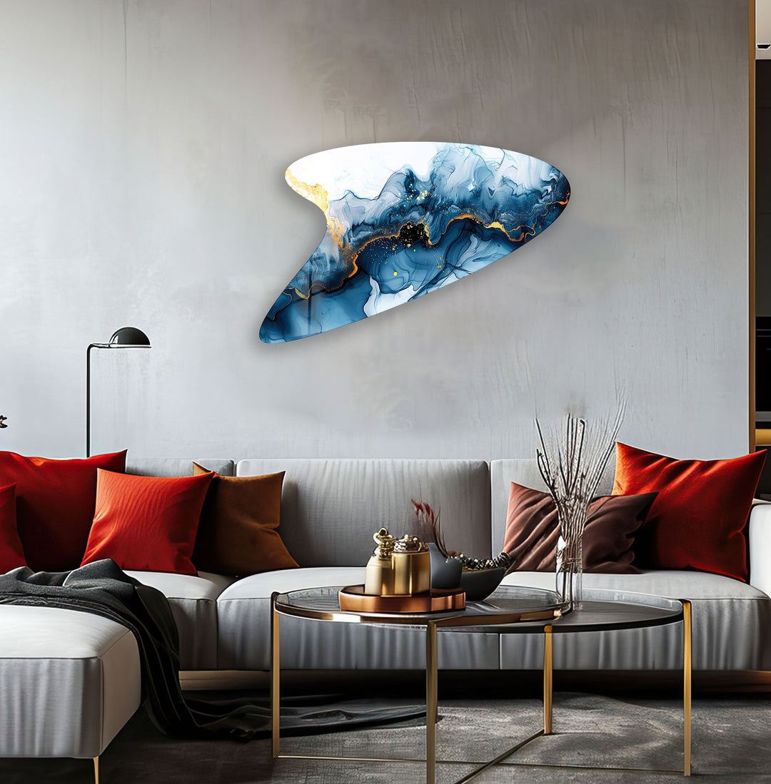 Modern Dark Blue Alcohol Ink Glass Wall Art, glass pictures for Wall, glass prints wall art
