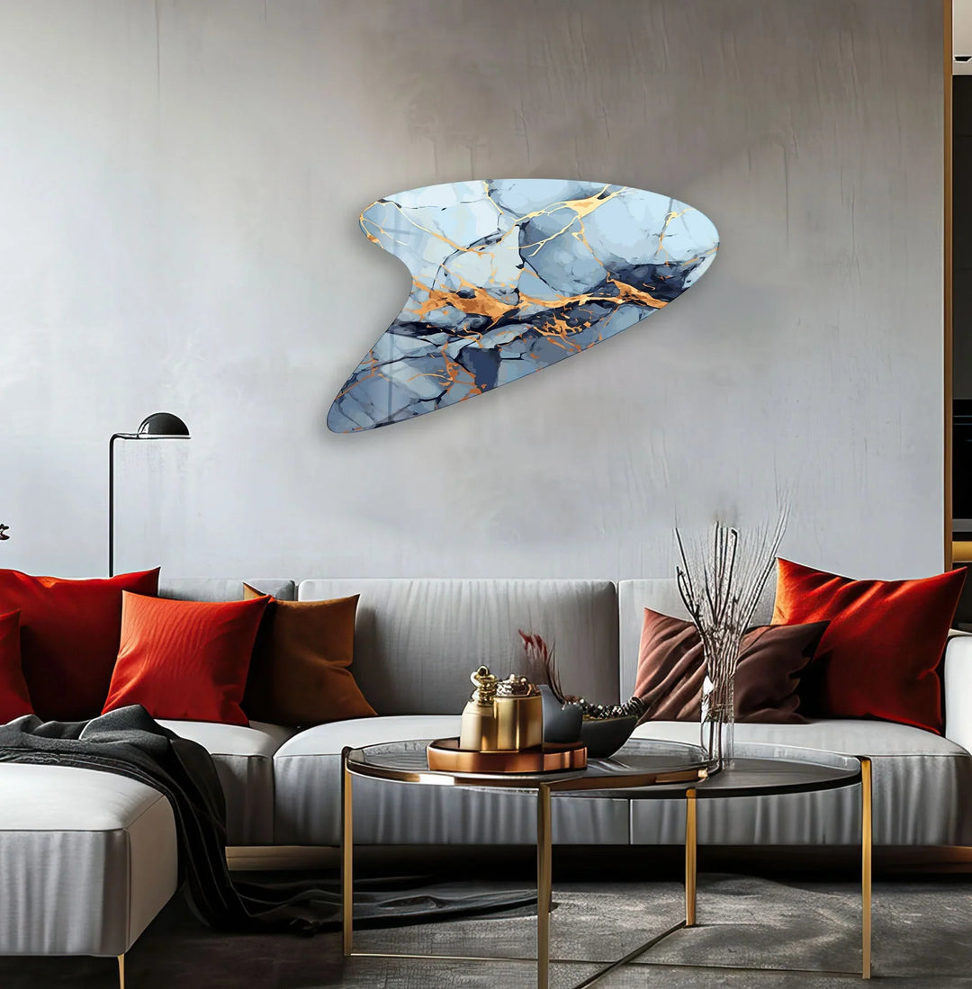 Blue & Gold Marble Modern Glass Wall Art,  glass art painting, glass art for the Wall
