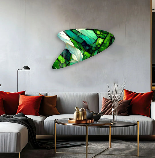 A vibrant green stained glass wall art piece showcases a stunning transition between deep emerald and bright lime hues, a unique modern wall decor.