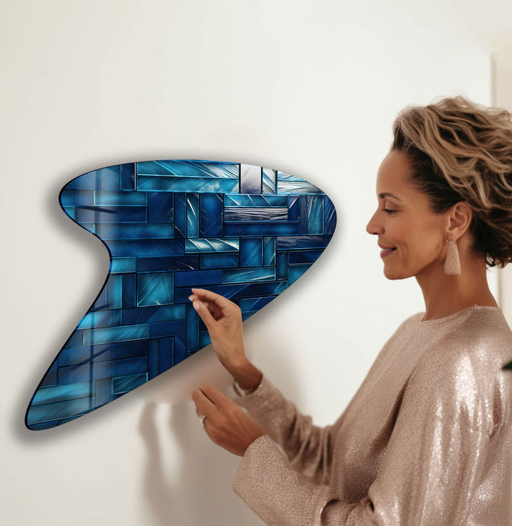 Blue Mosaic Tiles Glass Wall Art, picture on glass wall art, photos printed on glass
