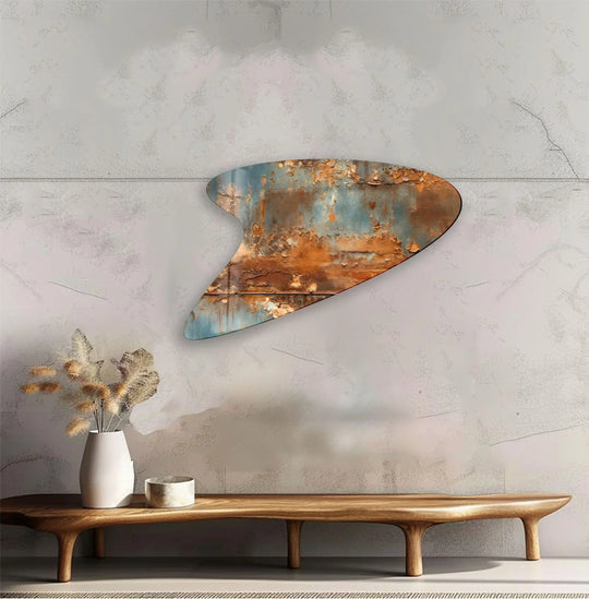 Dark, weathered textures in rust and deep teal dominate this irregular glass wall art, enhancing home decor.