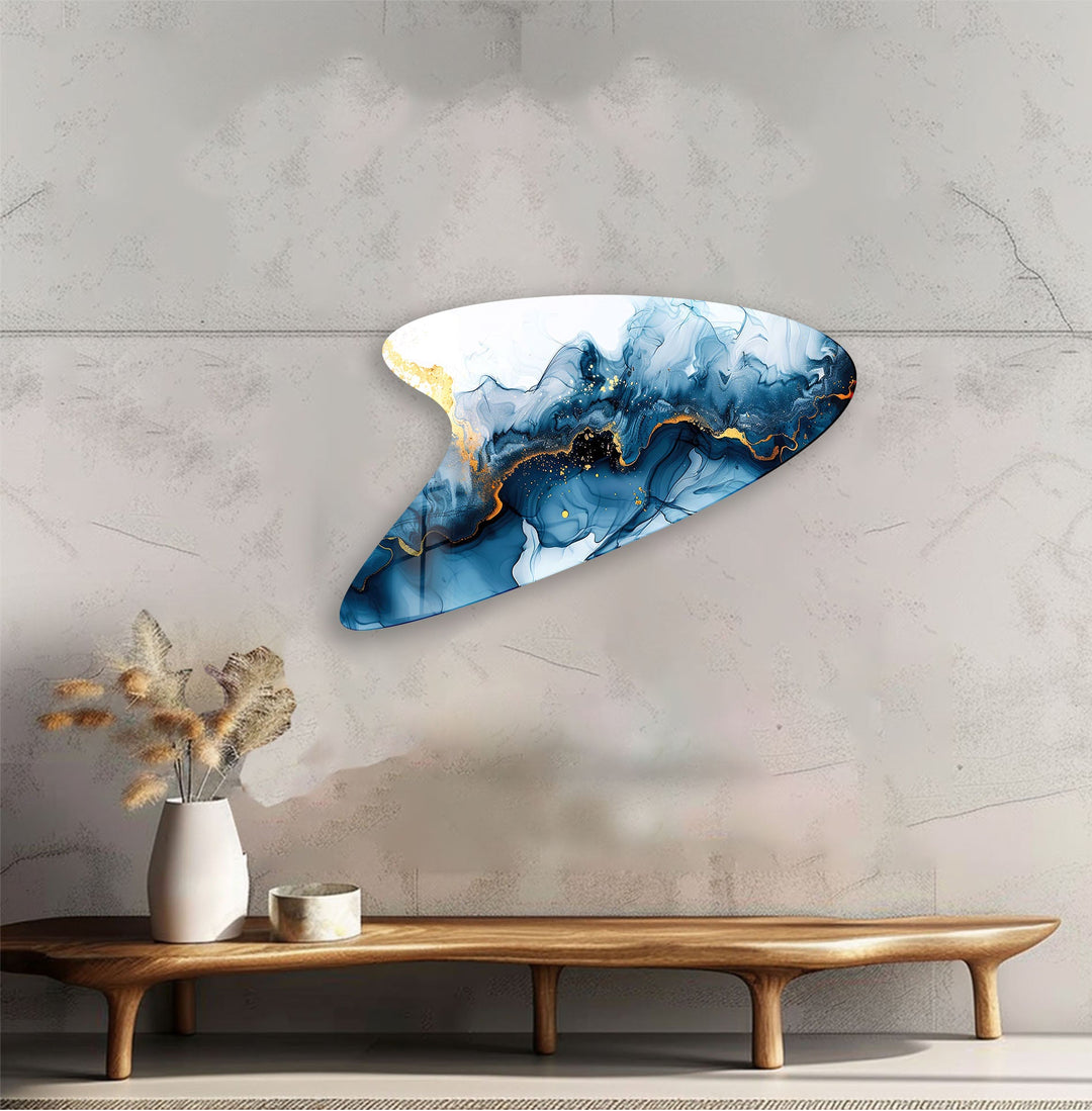 Modern Dark Blue Alcohol Ink Glass Wall Art, large glass photo prints, glass wall photos

