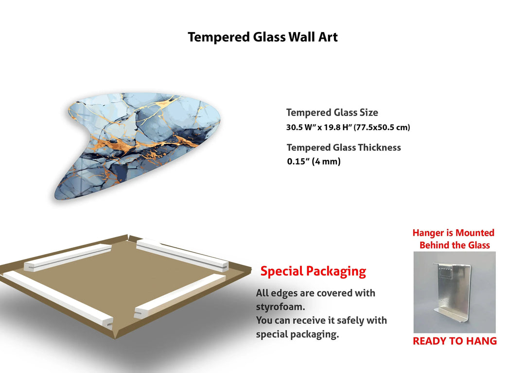 Blue & Gold Marble Modern Glass Wall Art, photo print on glass, prints on glass wall art
