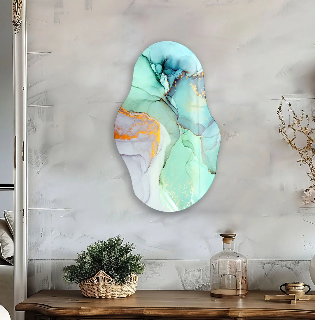 Irregular Oval Abstract Turquoise Glass Wall Art Glass Printing Wall Art, Print photos on glass
