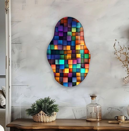 Vertically oriented and amorphous in shape, this pop art cubes large glass wall art print features vibrant color blocks.