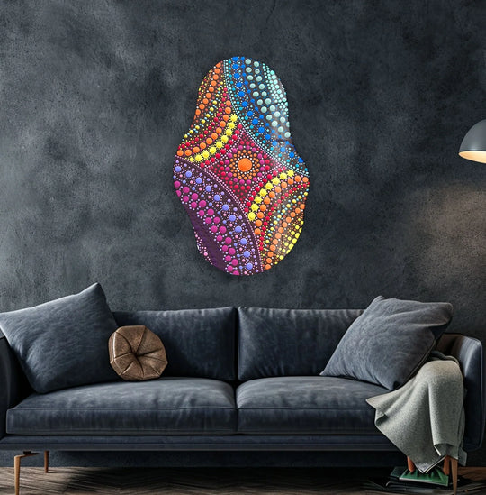 The layering effect in this modern mosaic glass wall art creates depth as a vibrant home decor element with its colorful, asymmetric design.