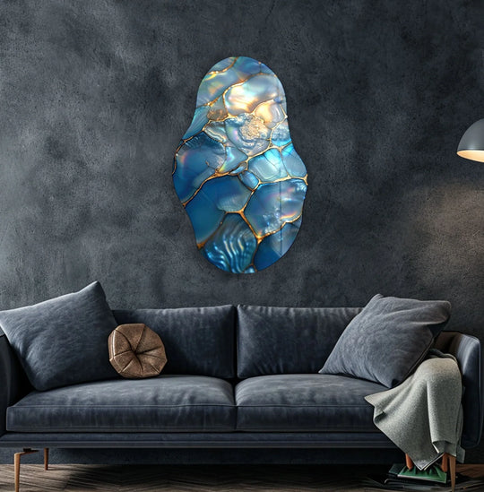Irregular abstract turquoise glass wall art showcases intricate golden veins and realistic shimmering details of hanging wall art.