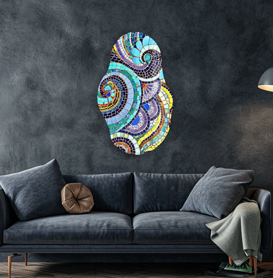 A matryoshka-shaped glass wall art decor piece displays serene, swirling patterns of sapphire and turquoise in peaceful stillness.