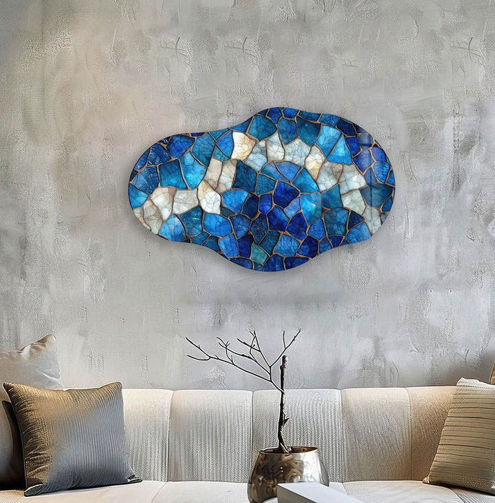 Irregular Oval Blue Stained Glass Wall Art Glass Printing Wall Art, Print photos on glass