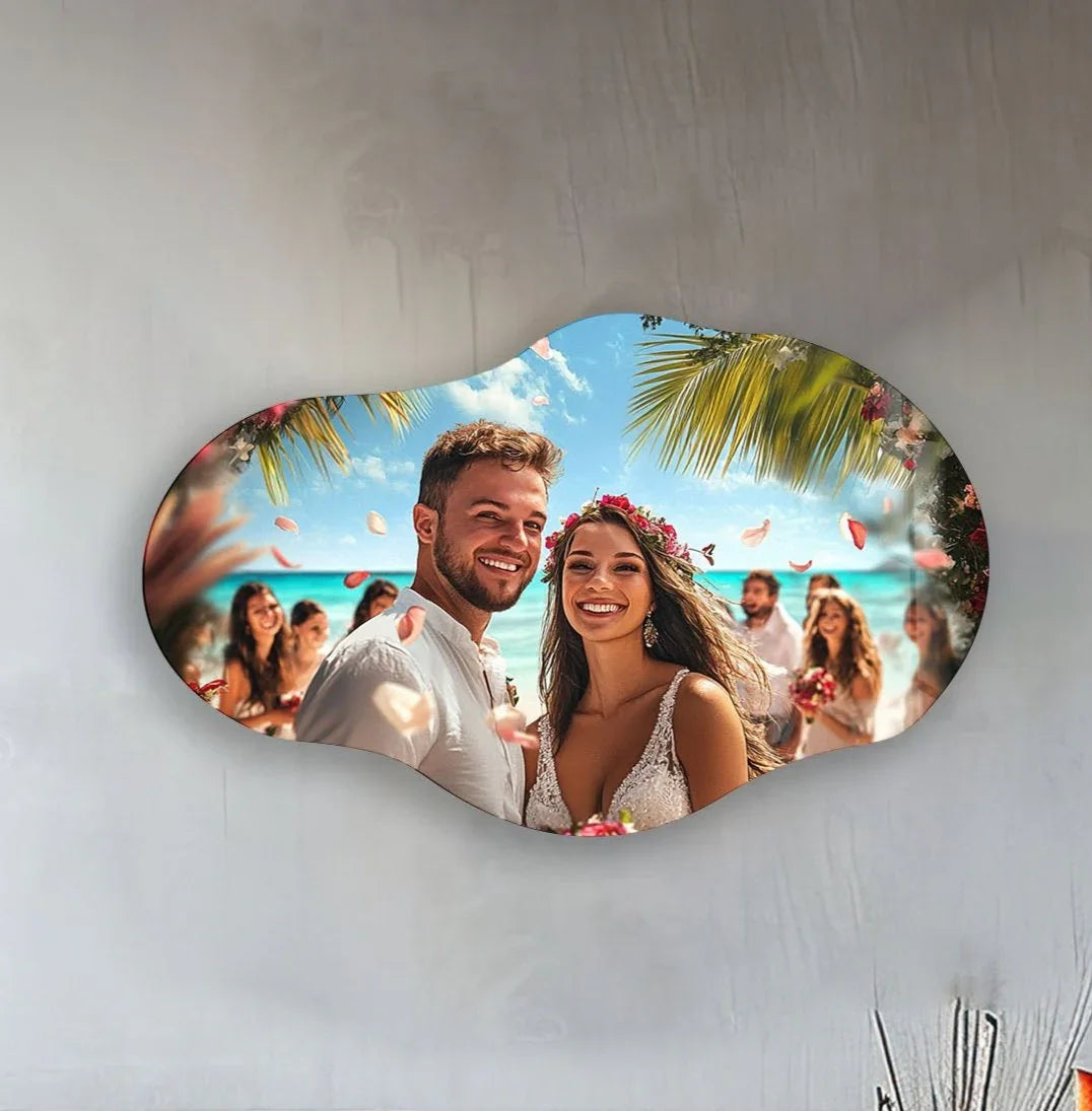 Showing the depth and layers of a beach wedding scene, this custom Cloudwave shape print on glass photo creates a stunning, personalized display.